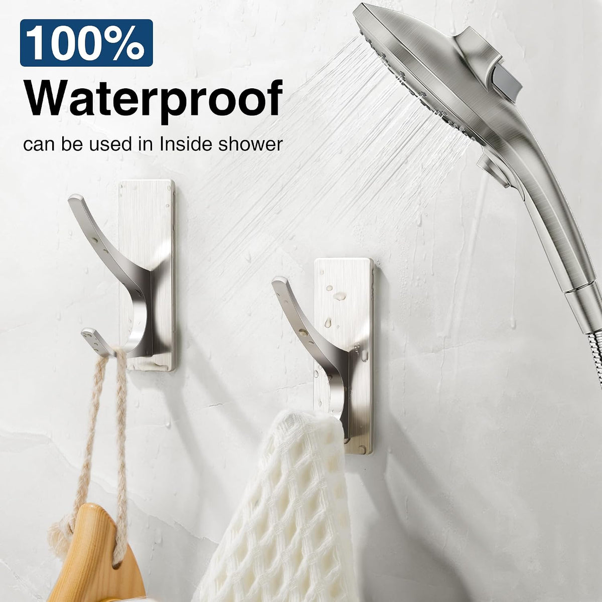 Self Adhesive Towel Hooks: Extra Strong 13LB, Stainless Hook for Hanging Loofah, Towels, Coat, Bath Robe Bathroom Shower, Brushed Nickel, 4 Pack
