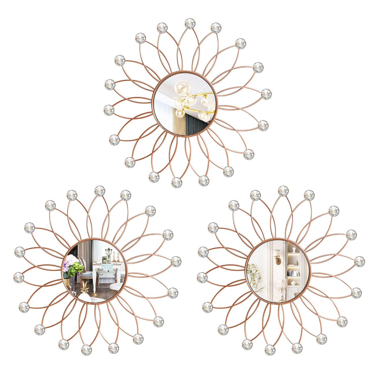 3 Pack Metal Mirrors for Wall Gold Sunburst Wall Mirror Home Decor Accent