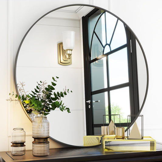 VooBang Black Round Bathroom Mirror 30", Thin Metal Frame Wall Mirror