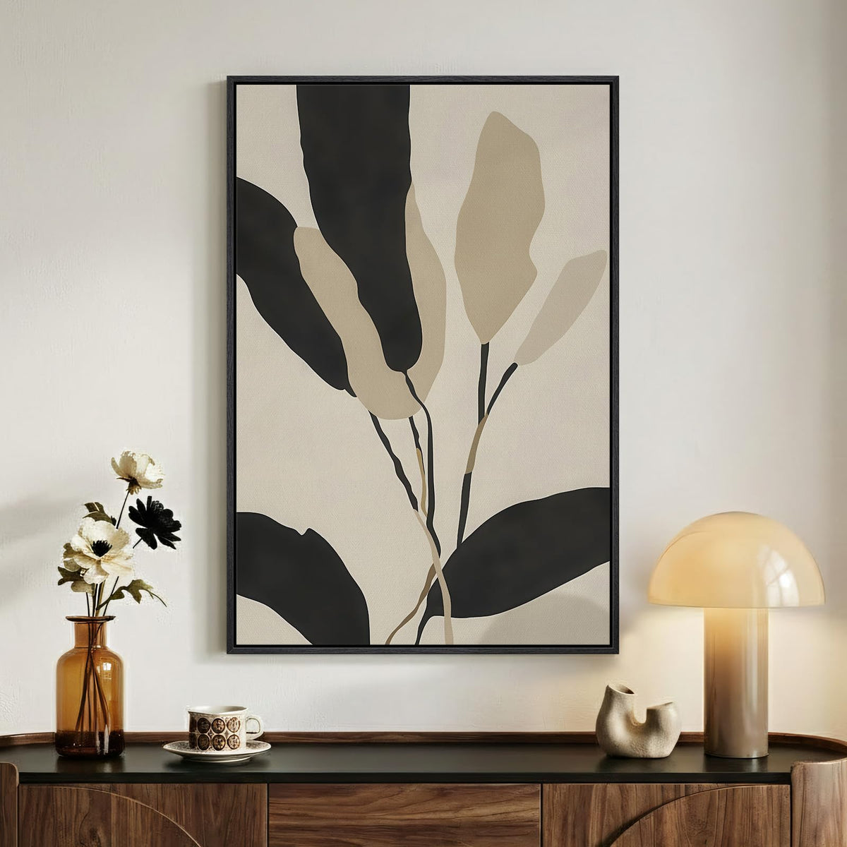 Large Framed Boho Abstract Brown Floral Wall Art for Living Room, 24x36 In