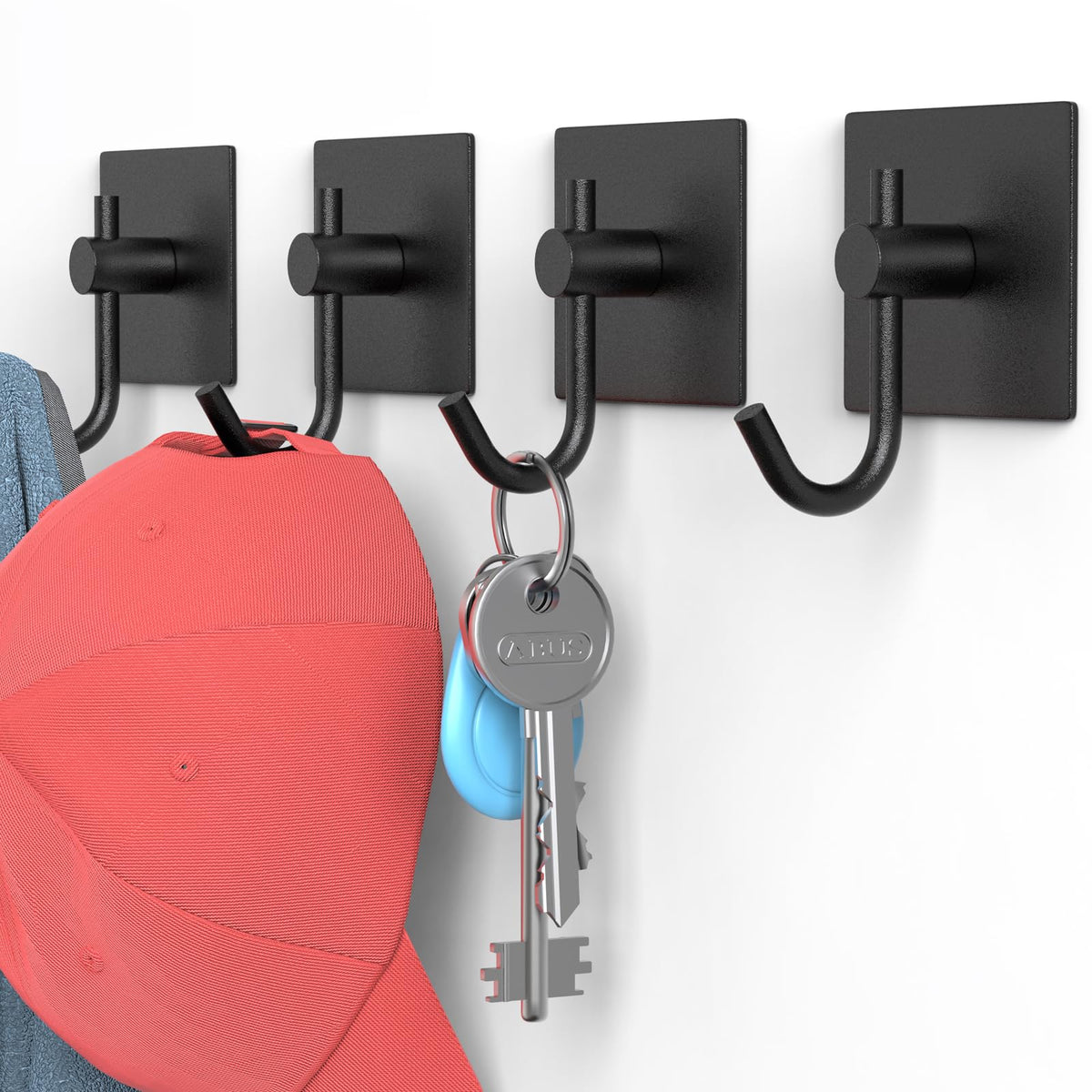 VAEHOLD 6 Pack Adhesive Wall Hooks, Heavy Duty Sticky Holder Aluminum Towel Hooks for Hanging Coat, Hat, Key, Clothes, Closet Hook Wall Mount for Kitchen, Bathroom, Office (Black)
