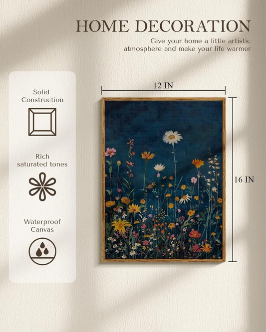 WHASAYART Botanical Floral Canvas Print 12x16 Framed Wildflower Wall Art, Rustic Dark Blue Colorful Flower Artwork, Vibrant Vintage Painting Living Room Kitchen Bedroom Hallway Home Decor