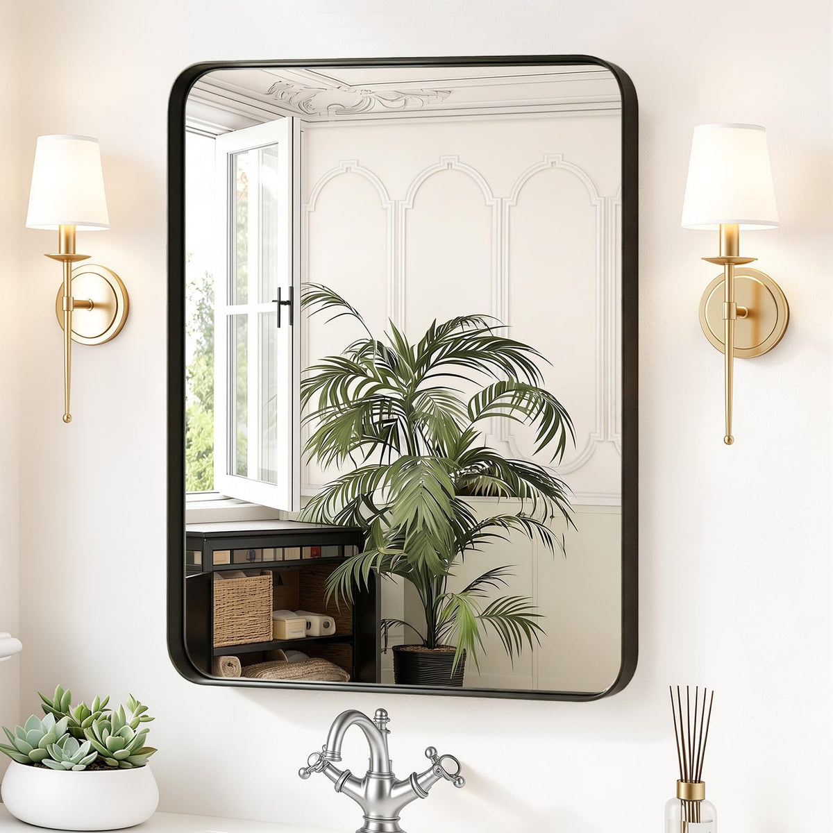 Sweetcrispy Bathroom Wall Mirror, 36x24 Inch Mirror for Over Sink, Black