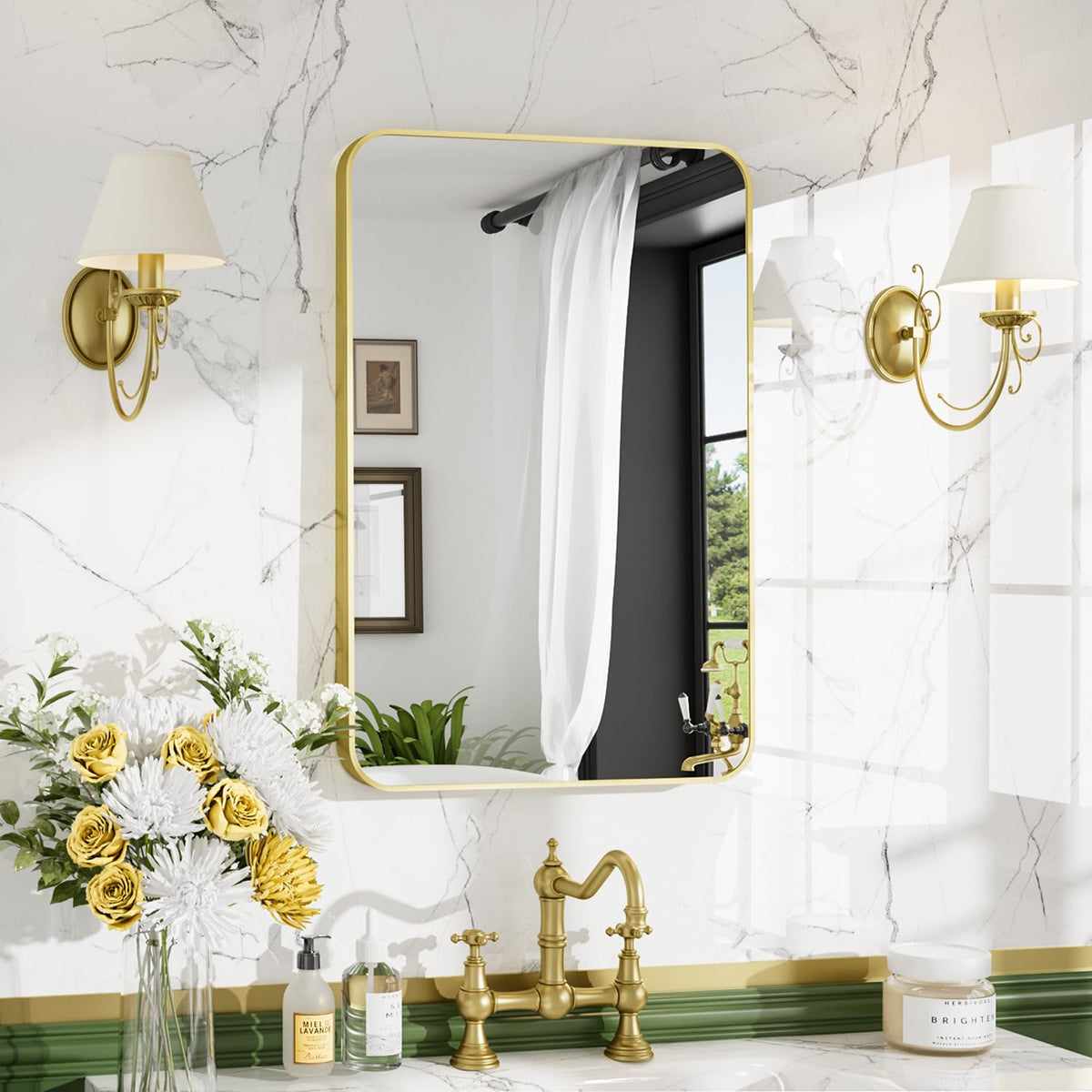 24"x36" Brushed Gold Bathroom Mirror, Rectangle Vanity Mirror for Over Sink