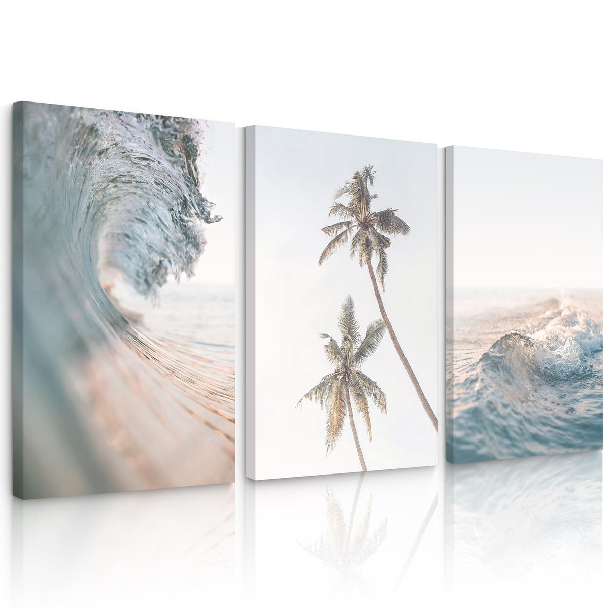 Lhoiplme Beach Wall Art Decor Coastal Ocean Poster Palm Tree Canvas Wall Decor Beachy Room Aesthetic Pictures Blue Waves Prints Beach Coasta Artwork for Bedroom Living Room 12x16 Inch Framed Set of 3