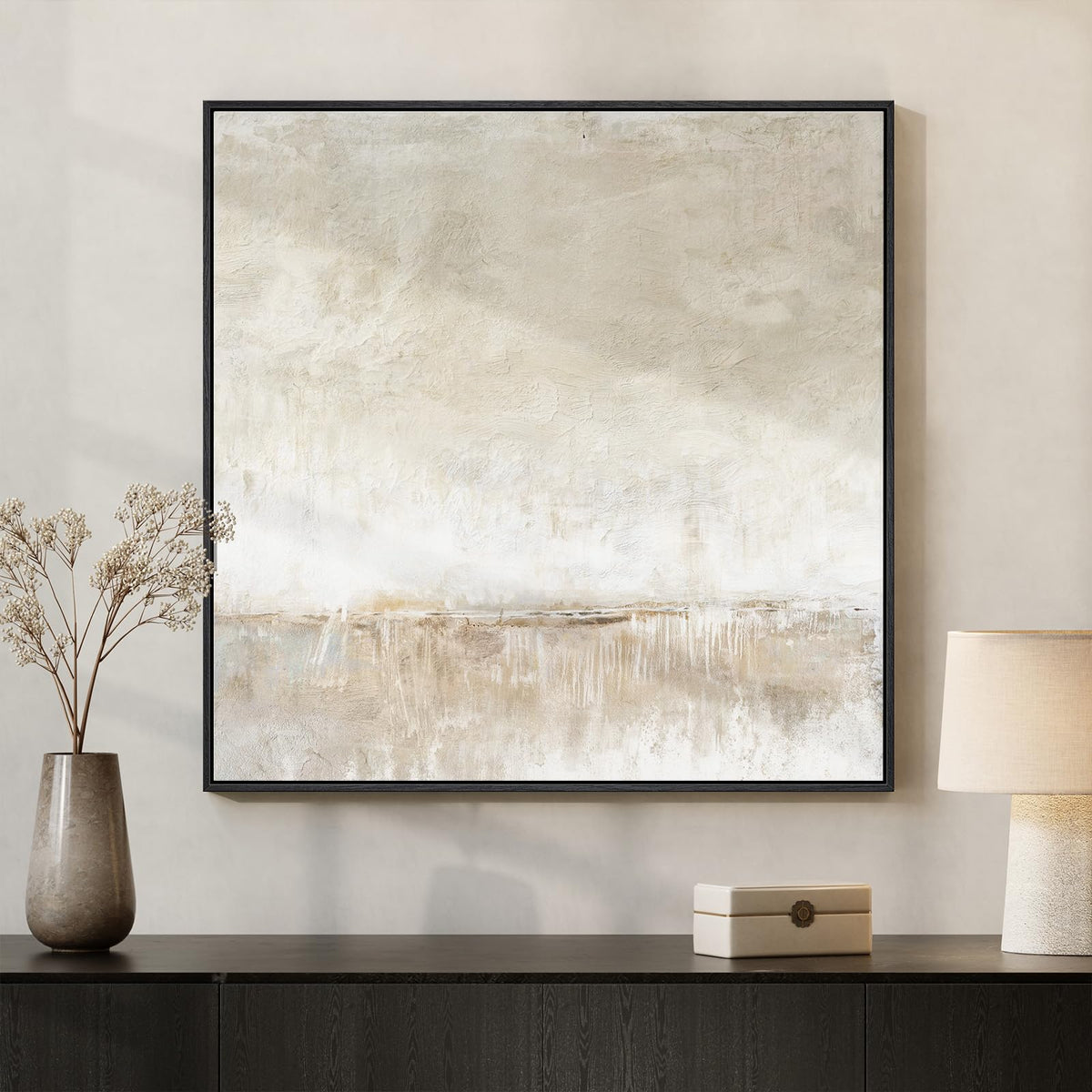 Framed Neutral Brown Abstract Canvas Wall Art for Living Room, 30x30 In