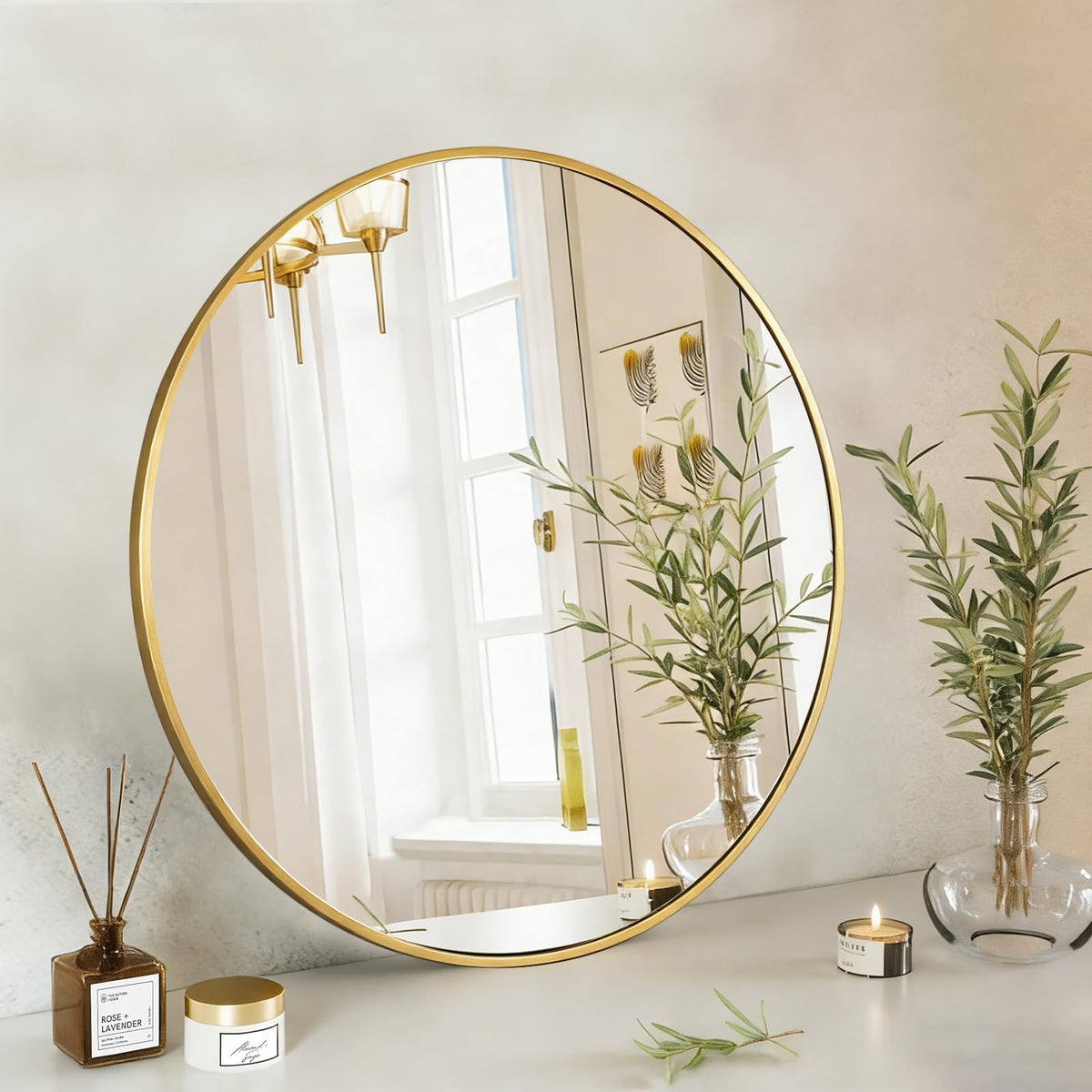NEWBULIG 20X30 Inch Arched Bathroom Wall Mirror for Over Sink, Gold