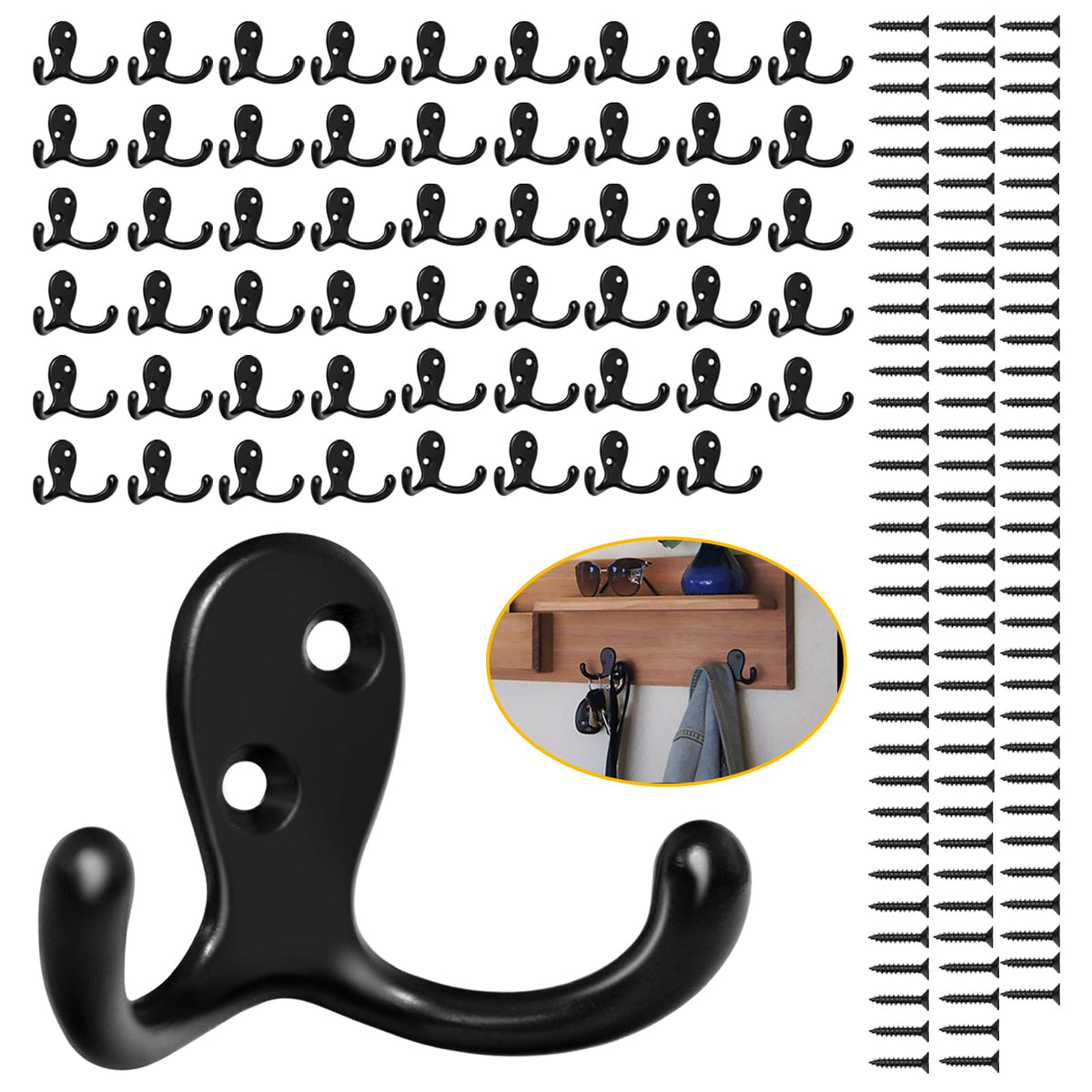 Homanu 14 Pack Black Coat Hooks Wall Mounted Double Prong with 28 Screws