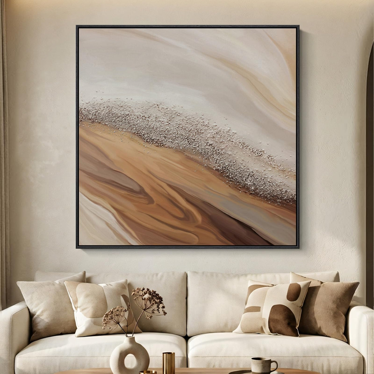 Framed Neutral Brown Abstract Canvas Wall Art for Living Room, 30x30 In