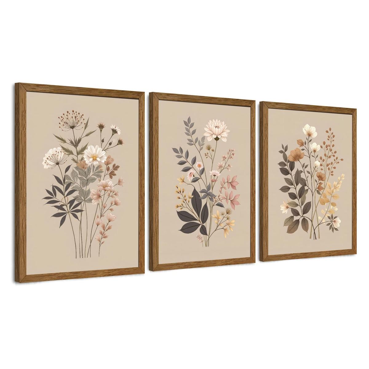 AVECCO 3 Piece Vintage Wildflower Botanical Framed Canvas Wall Art 12x16 in
