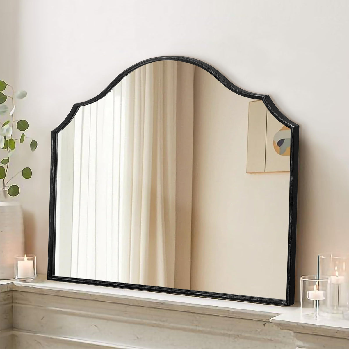 Besdomus Black Scalloped Wall Mirror: 40"x29" Large Wooden Bathroom Mirror
