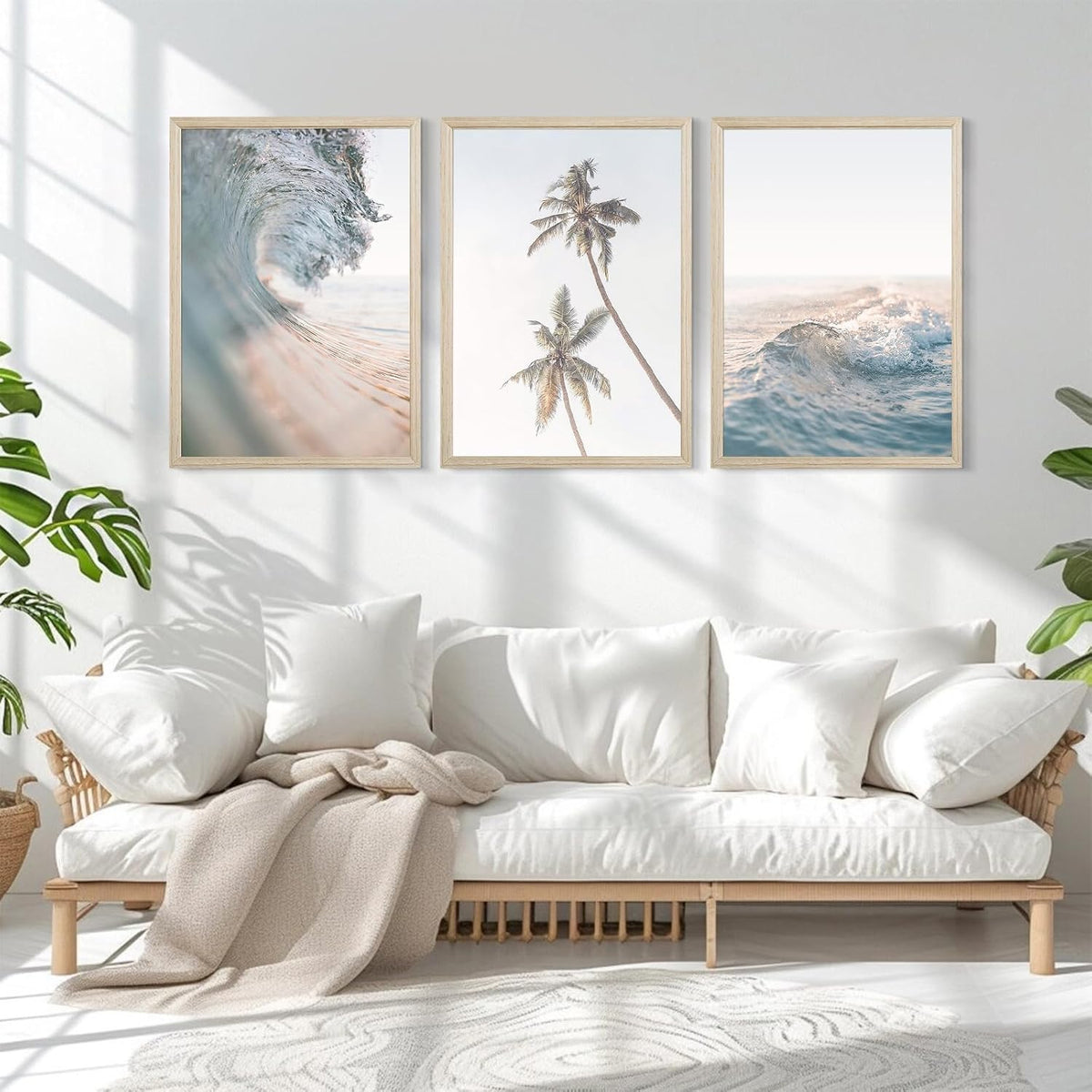 Lhoiplme Beach Wall Art Decor Coastal Ocean Poster Palm Tree Canvas Wall Decor Beachy Room Aesthetic Pictures Blue Waves Prints Beach Coasta Artwork for Bedroom Living Room 12x16 Inch Framed Set of 3