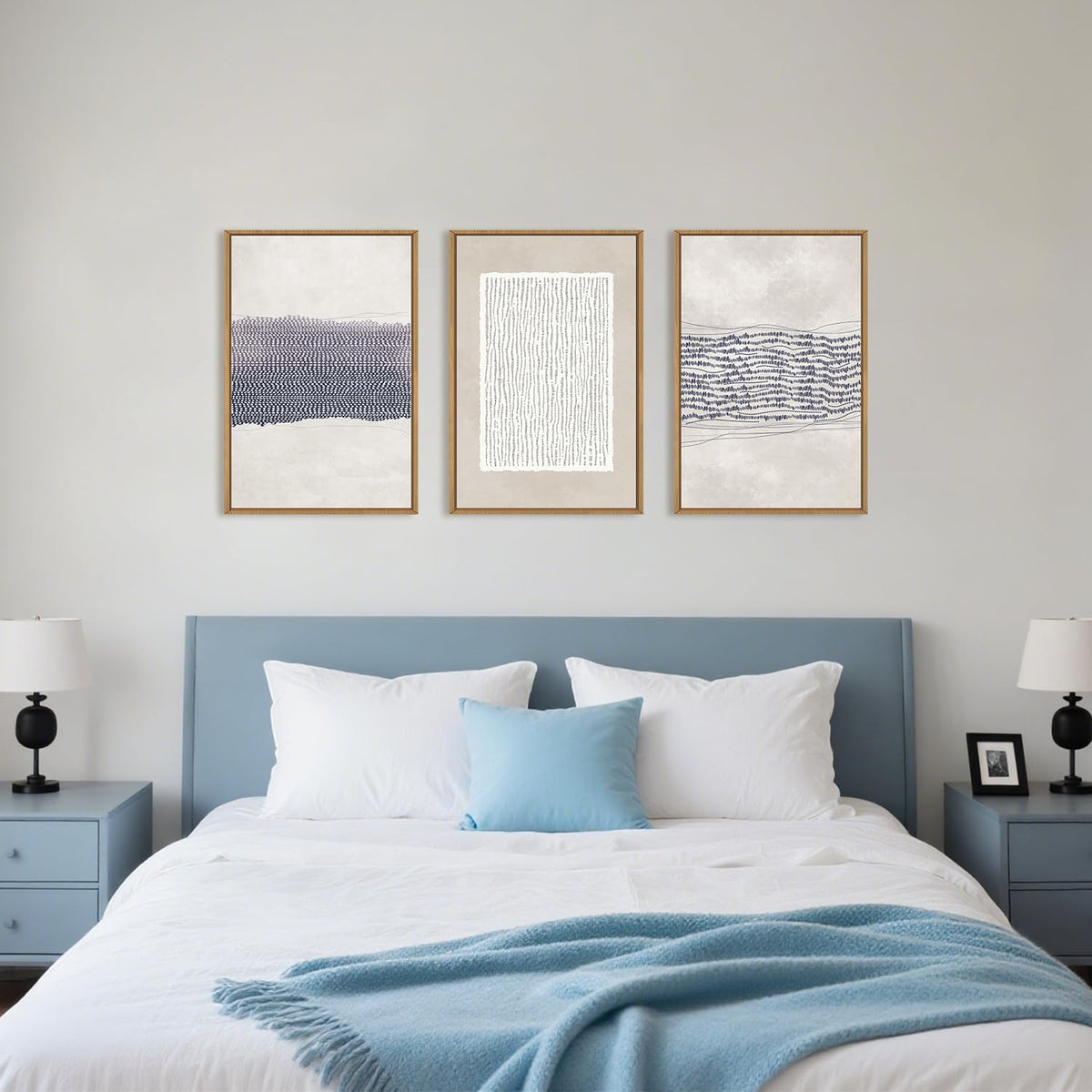 HOURIA Blue White Abstract Neutral Framed Canvas Wall Art Set- 16"x24"x3