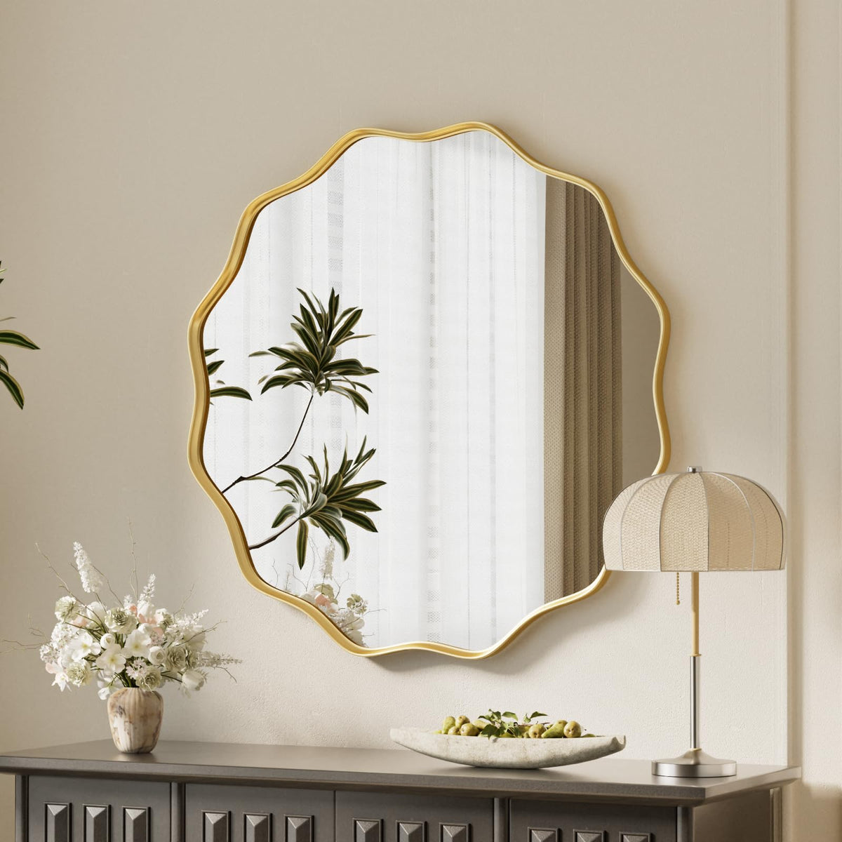 VooBang Gold Scalloped Circle Mirror, 24" Wavy Edge Round Wall Mirror