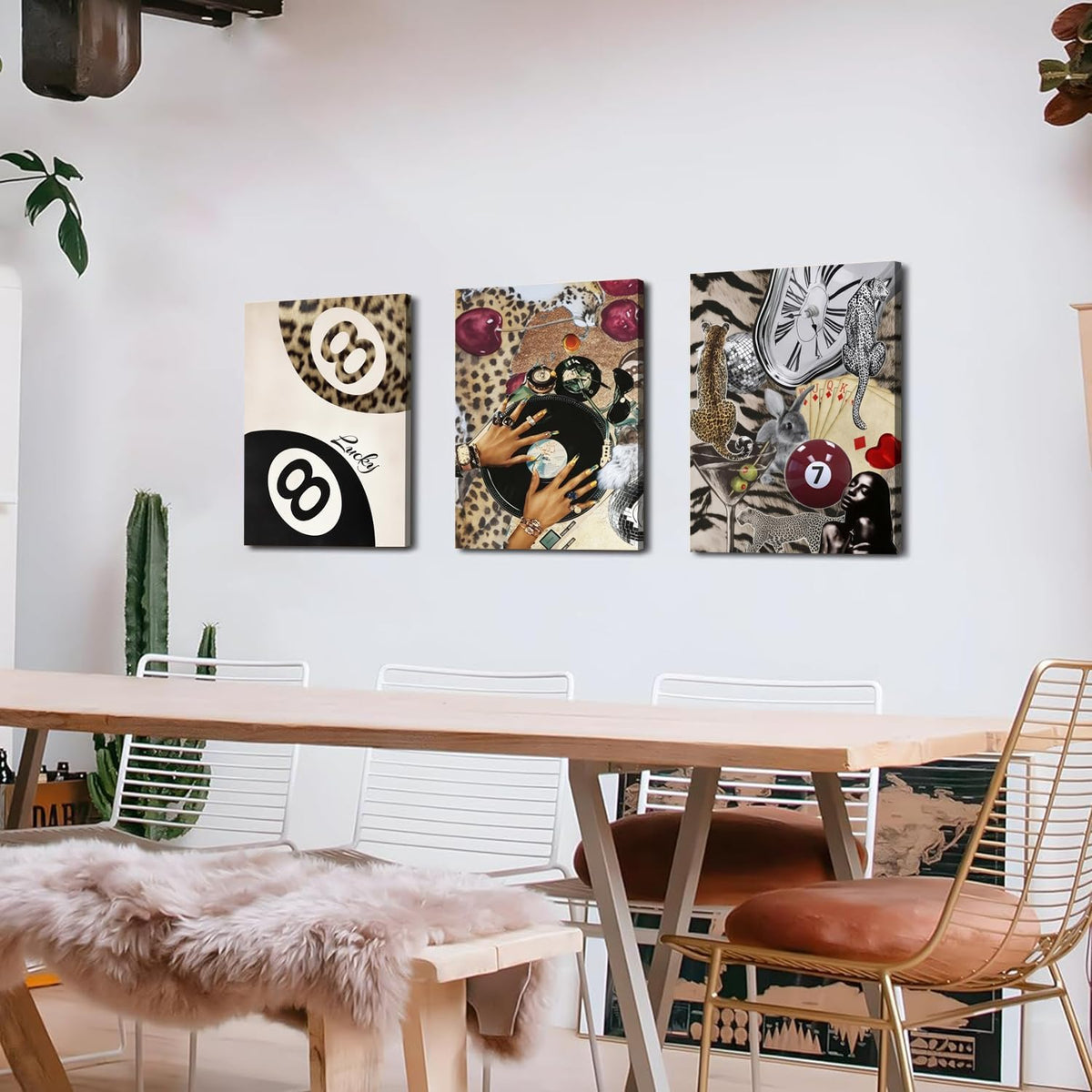 Fashion Cheetah Wall Art Set of 3 Leopard Wall Decor Pictures Lucky 8 Ball Poster Canvas Painting Prints Dark Red Cheetah Artwork for Bedroom Living Room Framed 16x24 inch