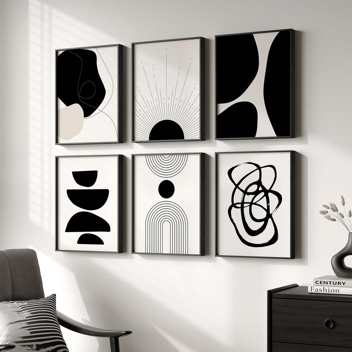 Framed Boho Black and White Brown Modern Abstract Wall Art for Living Room