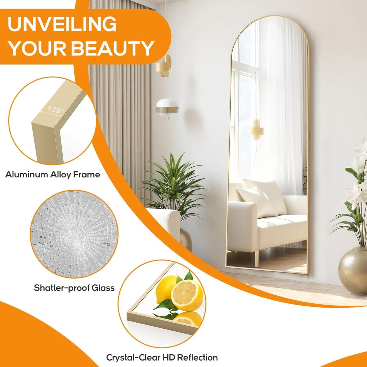 16"x59" Arched Mirror Full Length, Upgraded Body Wall Mirrors