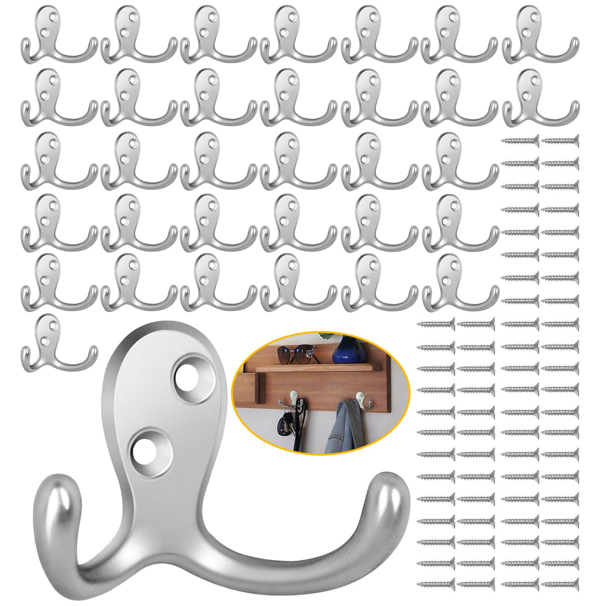 Homanu 14 Pack Black Coat Hooks Wall Mounted Double Prong with 28 Screws