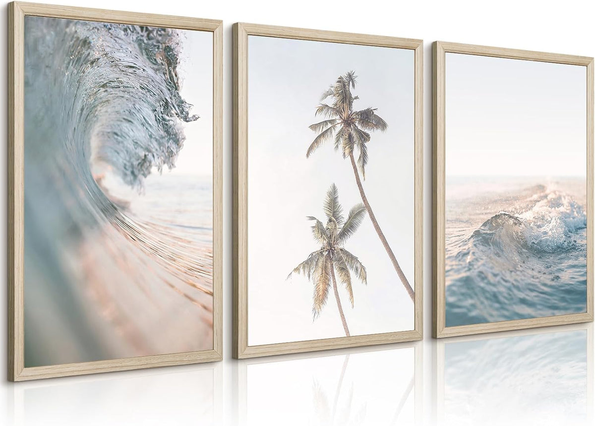 Lhoiplme Beach Wall Art Decor Coastal Ocean Poster Palm Tree Canvas Wall Decor Beachy Room Aesthetic Pictures Blue Waves Prints Beach Coasta Artwork for Bedroom Living Room 12x16 Inch Framed Set of 3