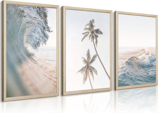 Lhoiplme Beach Wall Art Decor Coastal Ocean Poster Palm Tree Canvas Wall Decor Beachy Room Aesthetic Pictures Blue Waves Prints Beach Coasta Artwork for Bedroom Living Room 12x16 Inch Framed Set of 3