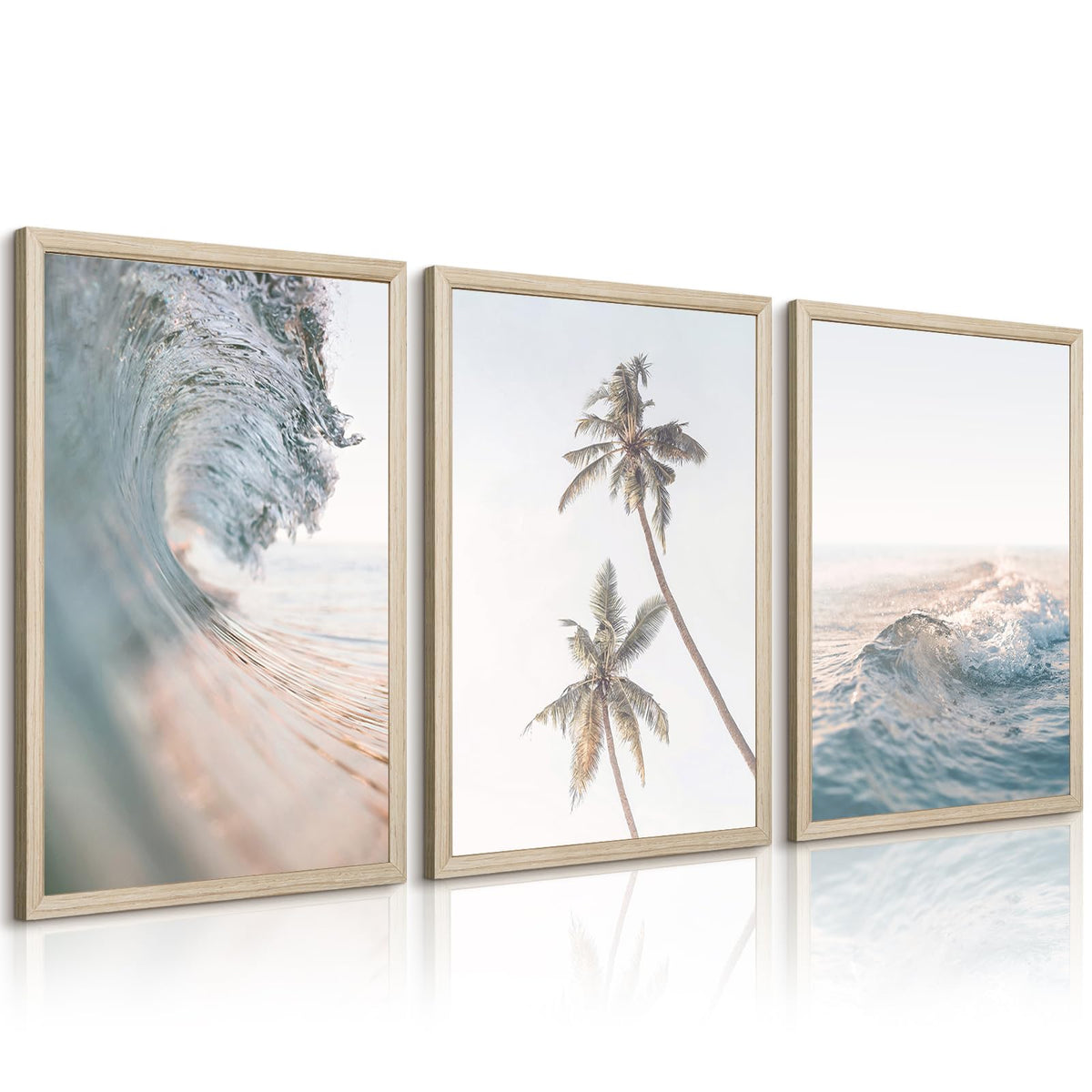 Lhoiplme Beach Wall Art Decor Coastal Ocean Poster Palm Tree Canvas Wall Decor Beachy Room Aesthetic Pictures Blue Waves Prints Beach Coasta Artwork for Bedroom Living Room 12x16 Inch Framed Set of 3