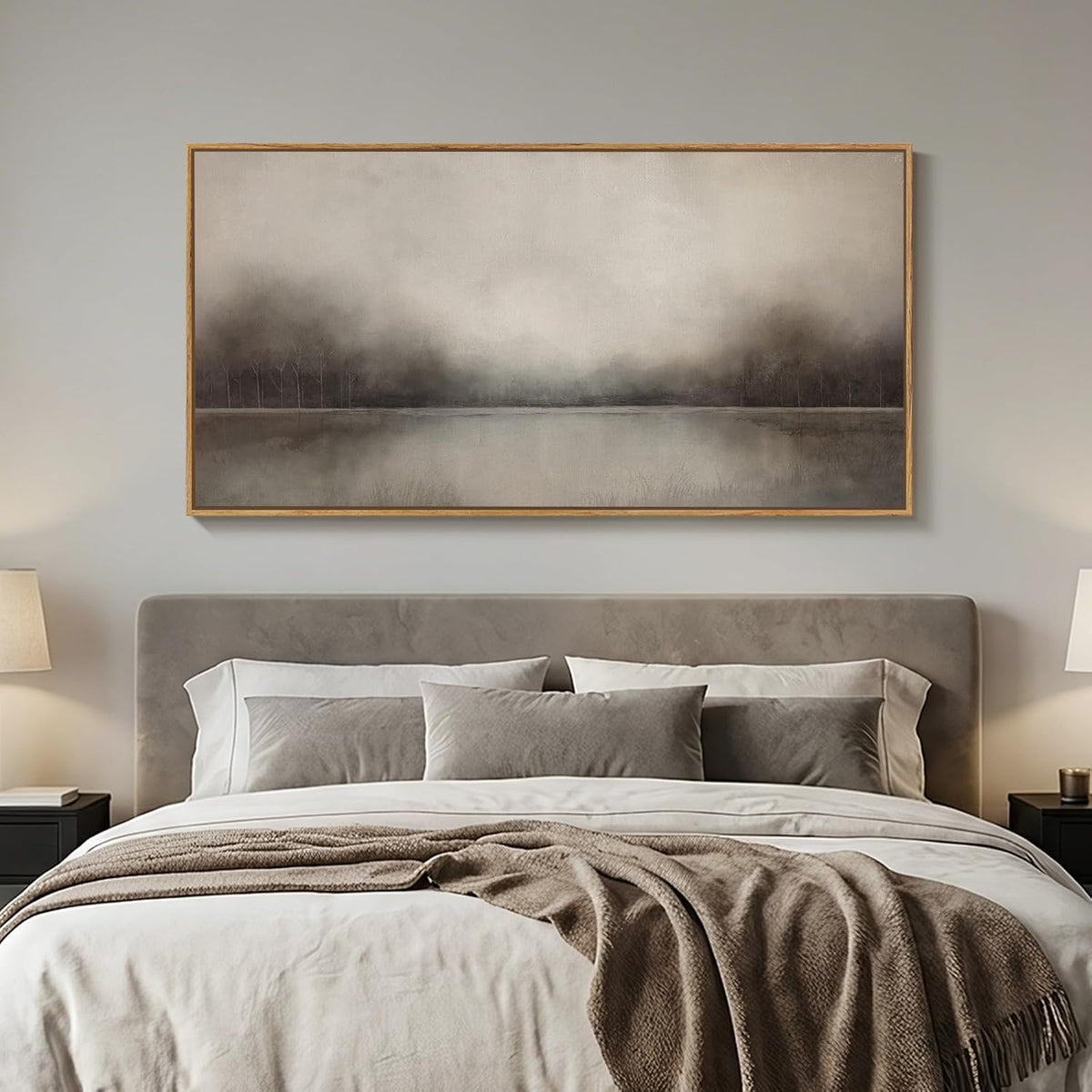 Large Framed Neutal Abstract Landscape Wall Art for Living Room, 60x30 In
