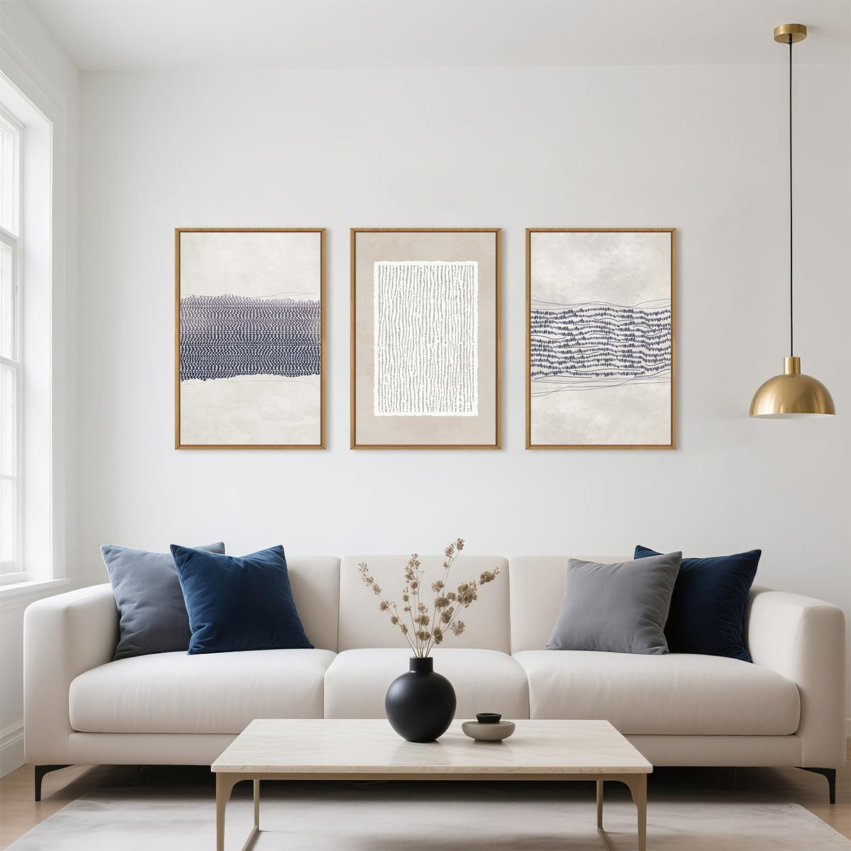HOURIA Blue White Abstract Neutral Framed Canvas Wall Art Set- 16"x24"x3