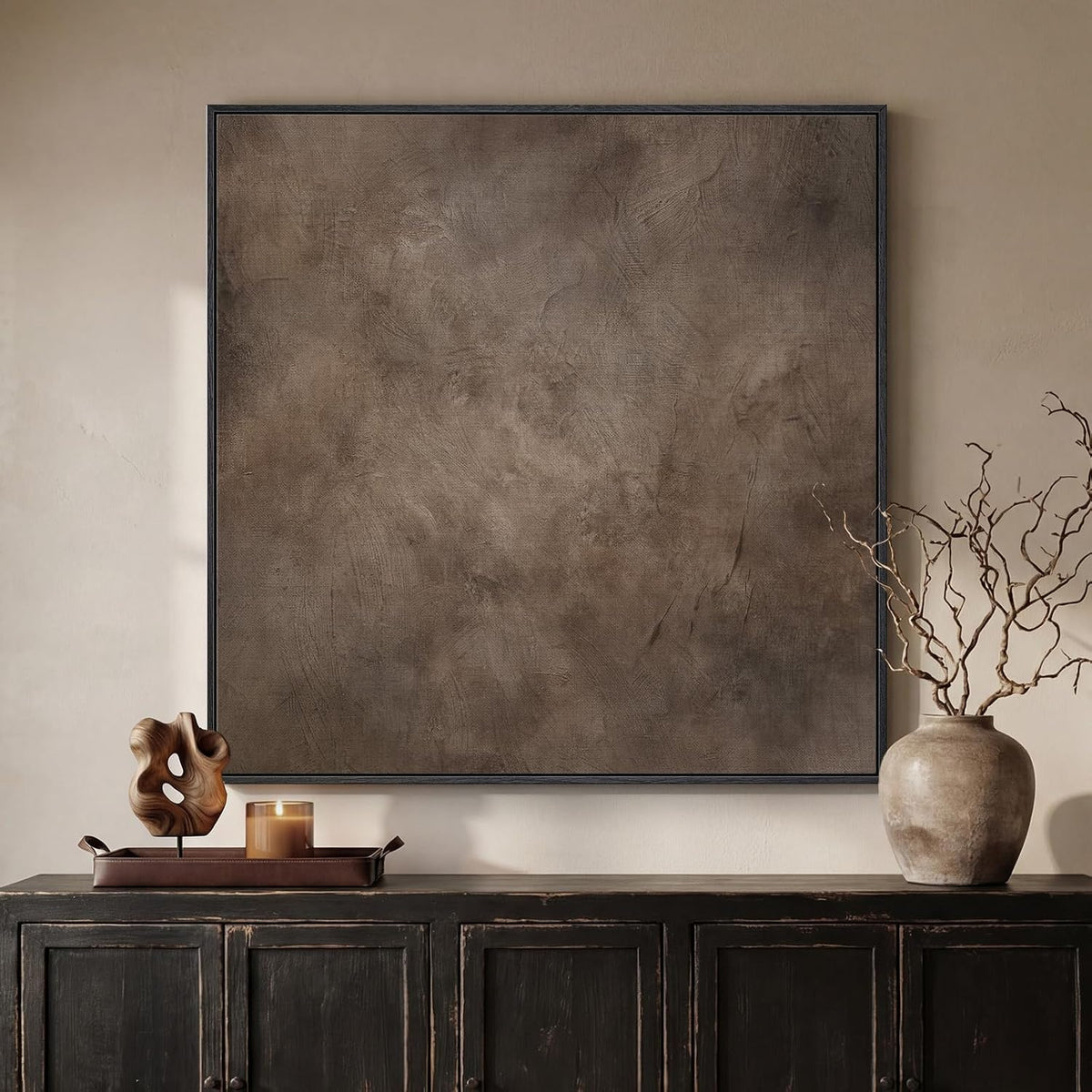 Framed Neutral Brown Abstract Canvas Wall Art for Living Room, 30x30 In