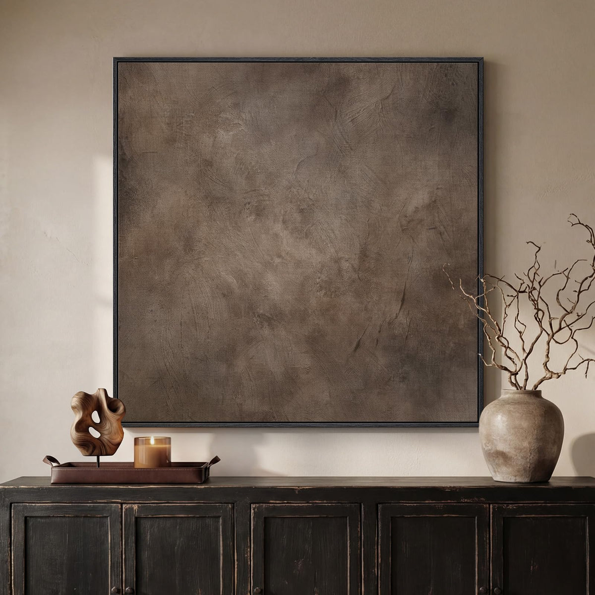 Framed Neutral Brown Abstract Canvas Wall Art for Living Room, 30x30 In