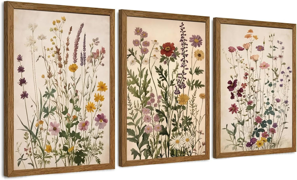 AVECCO 3 Piece Vintage Wildflower Botanical Framed Canvas Wall Art 12x16 in