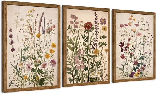 AVECCO 3 Piece Vintage Wildflower Botanical Framed Canvas Wall Art 12x16 in