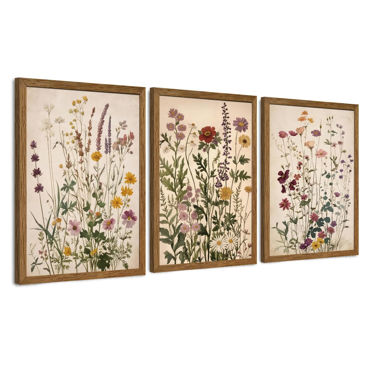 AVECCO 3 Piece Vintage Wildflower Botanical Framed Canvas Wall Art 12x16 in