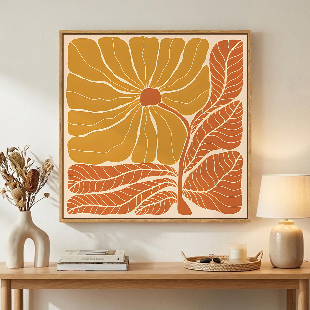 Large Framed Boho Abstract Brown Floral Wall Art for Living Room, 24x36 In