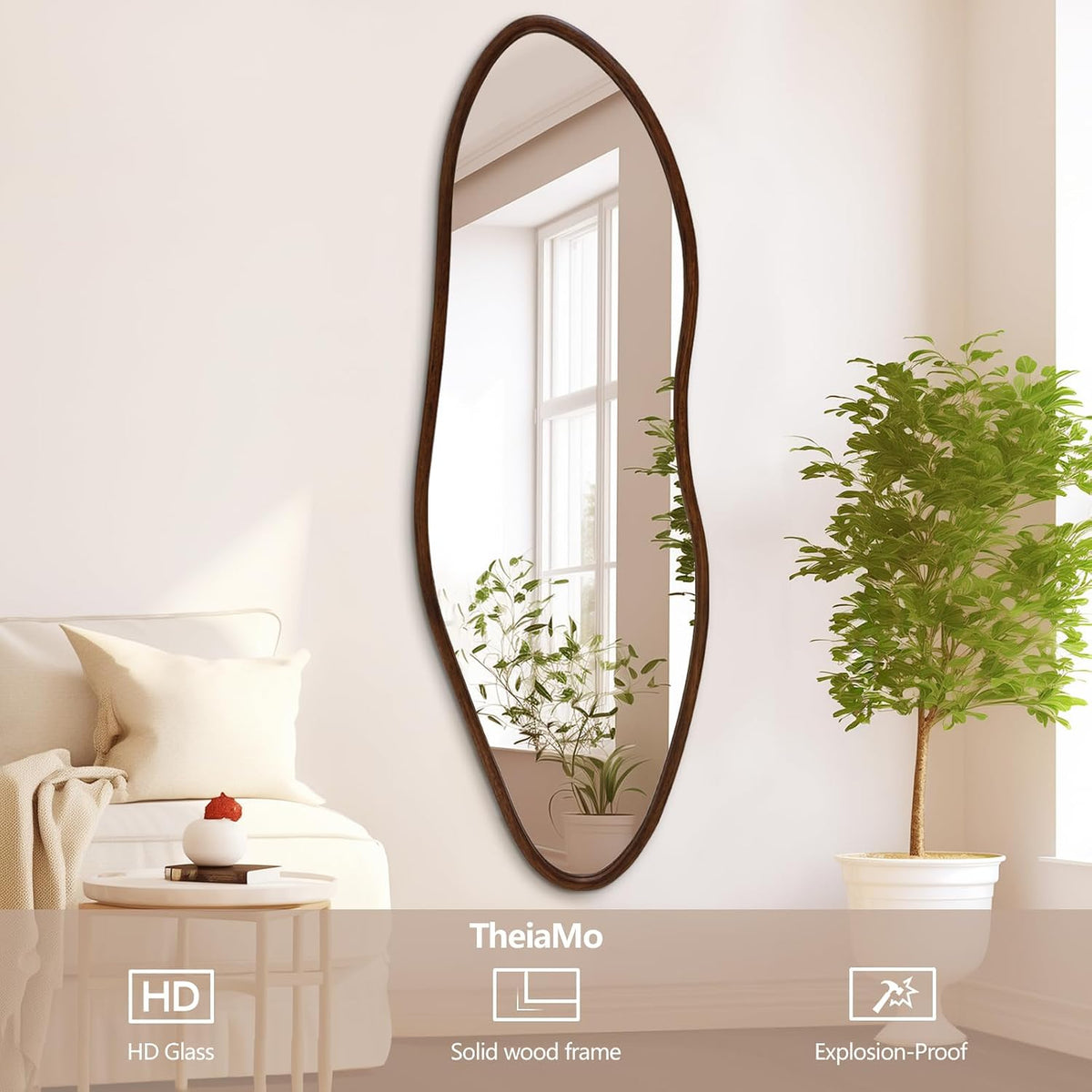 Irregular Full Length Mirror, 65"x22" Wood Full Body Mirror Walnut
