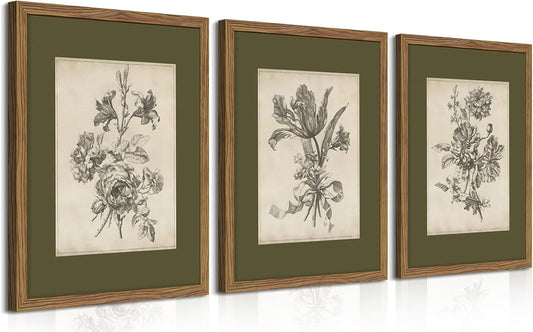 Vintage Floral Wall Art Set of 3, Sketch Sage Green Botanical Canvas Wall Decor Paintings, Retro Minimalist Flower Artwork Posters Prints Pictures for Living Room Bedroom Bathroom 12x16 Inch Framed