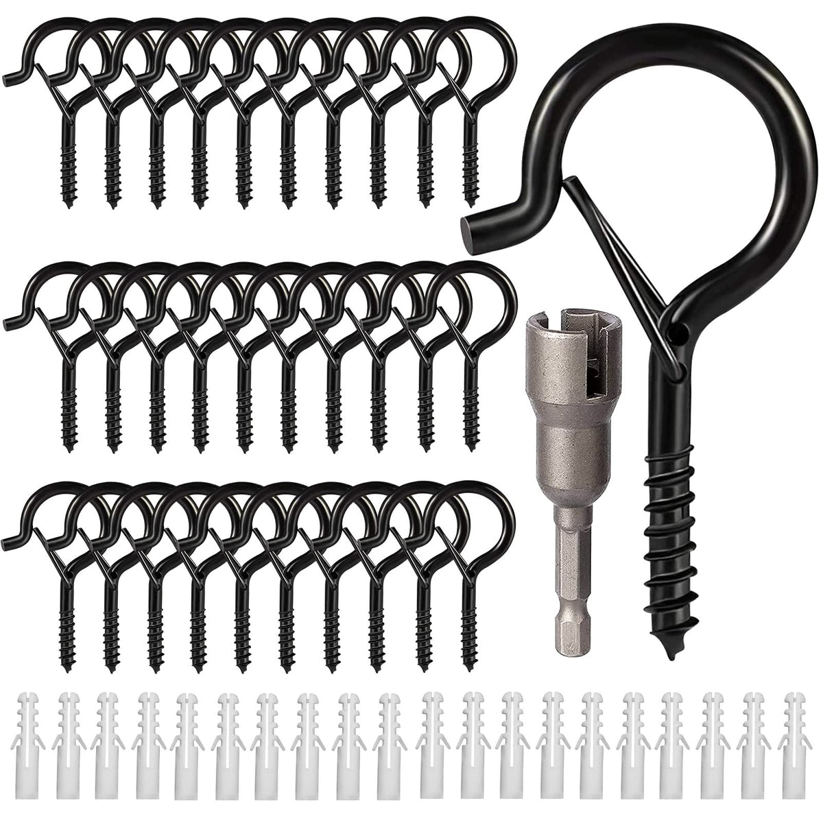 cyrico Hooks for Outdoor String Lights, 52 Pack Screw Hooks for Hanging Plants Led Party Lights Garage Wind Chimes, Black Heavy Duty Q Hanger Ceiling with Safety Buckle, Box and Wing Nut Driver