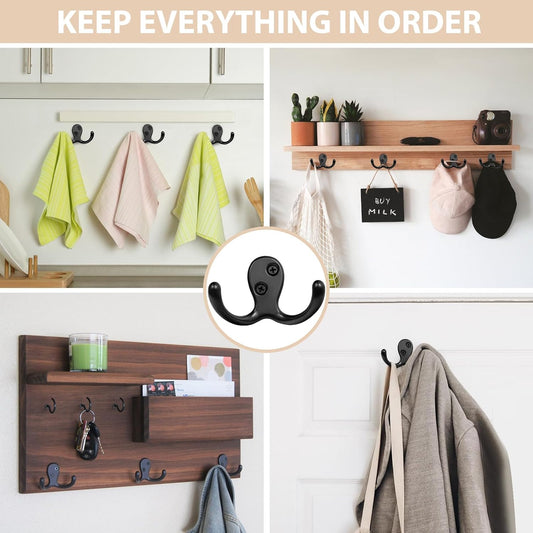 Homanu 14 Pack Black Coat Hooks Wall Mounted Double Prong with 28 Screws