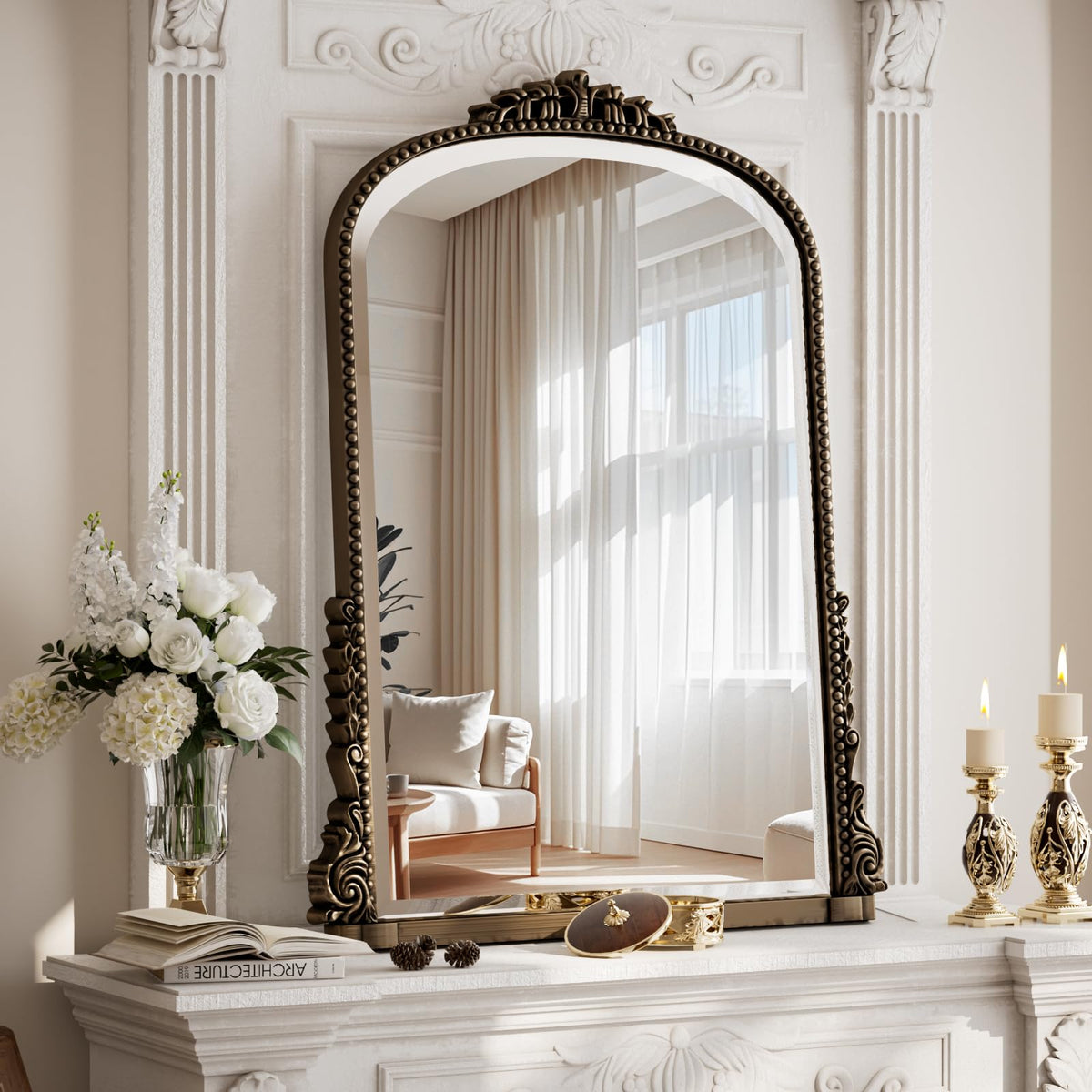 24"×32" Gold Arched Wall Mirror with Vintage Carving