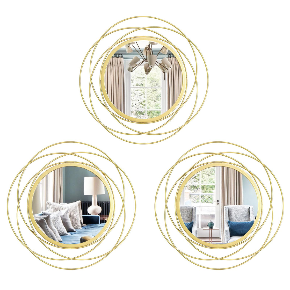 3 Set Sunburst Round Mirrors for Wall Decor Bedroom Bathroom