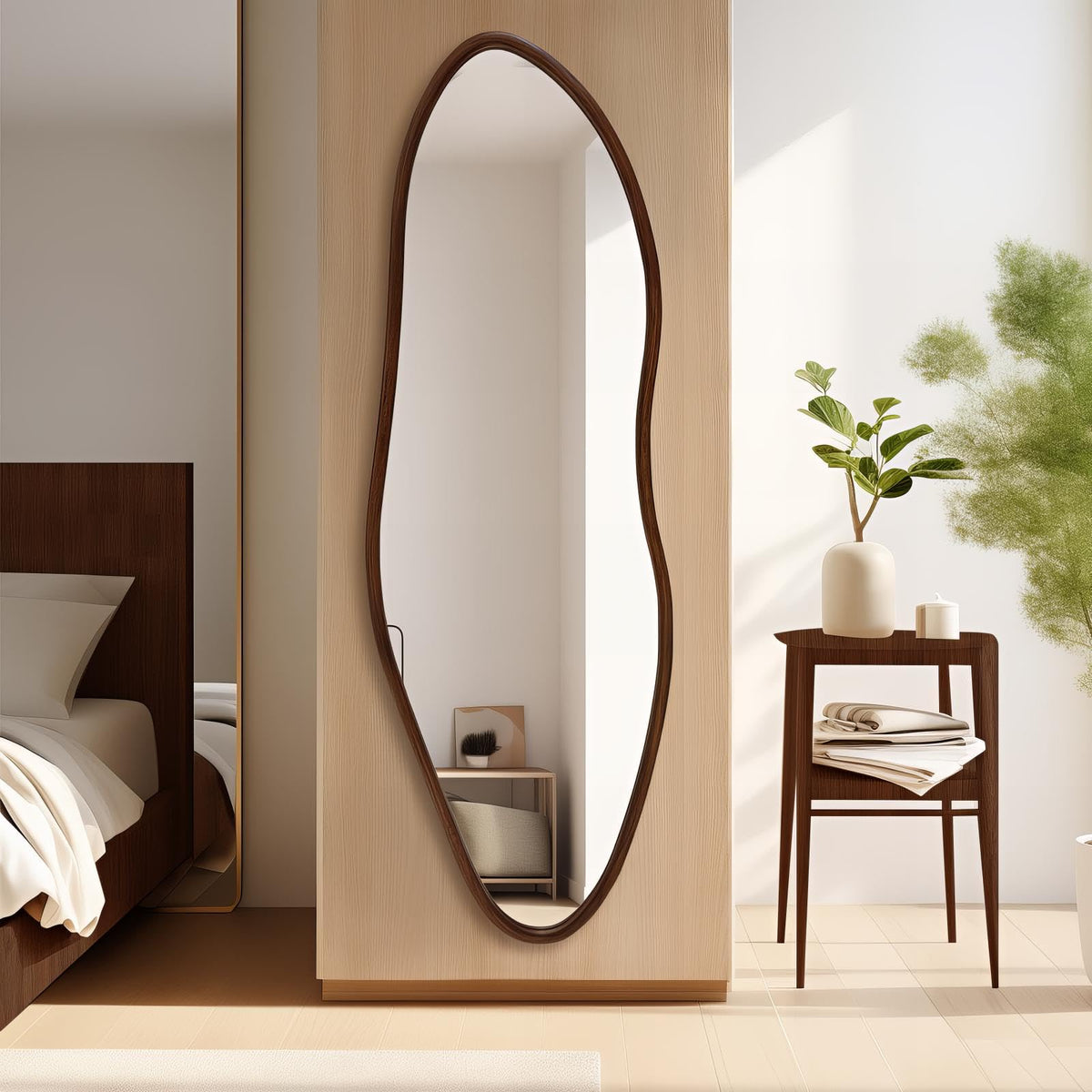 Irregular Full Length Mirror, 65"x22" Wood Full Body Mirror Walnut