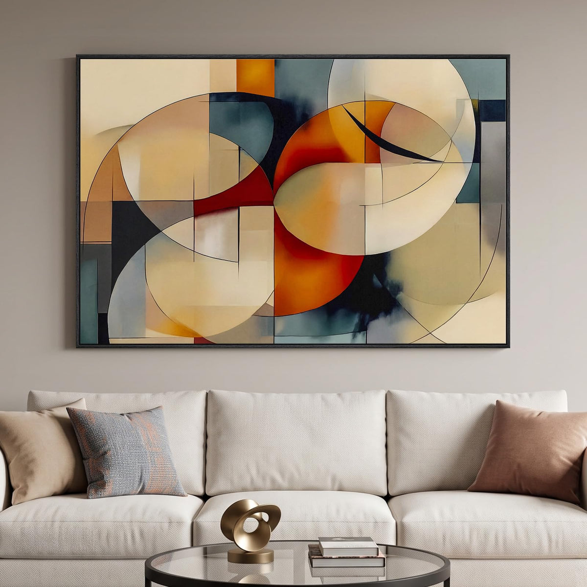 Large Framed Neutral Abstract Wall Art for Living Room, Horizontal 30x60 In
