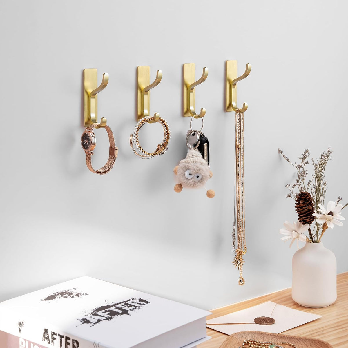 Adhesive Wall Hooks for Towel/Coat,13Lb Strong Stick-On Hooks, Gold 4 Pack