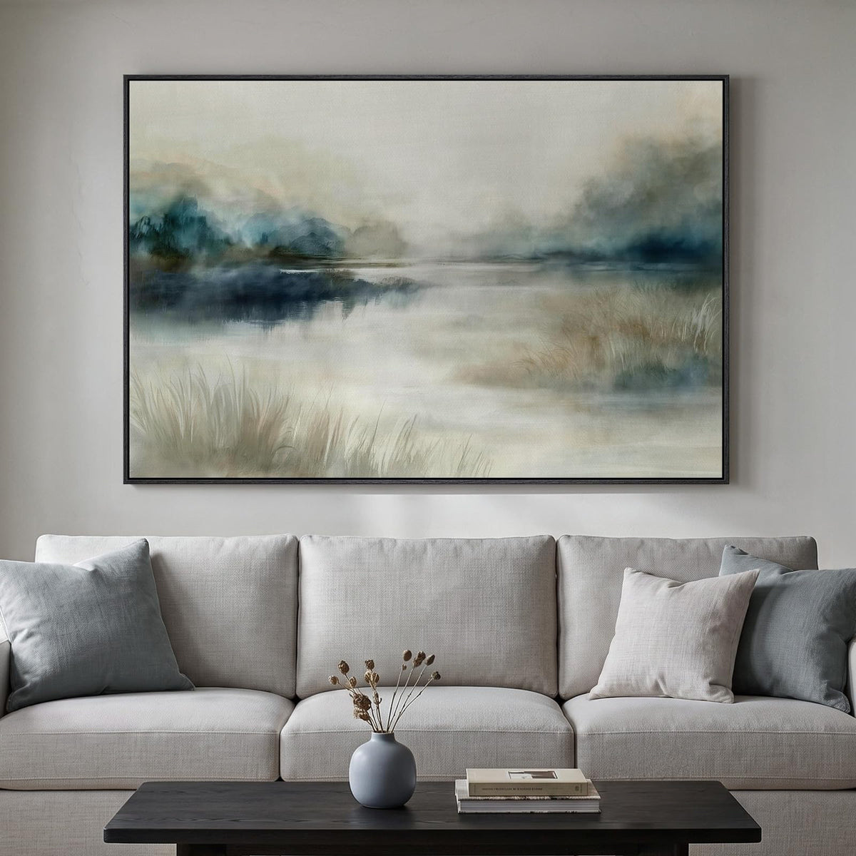 Large Framed Neutal Abstract Landscape Wall Art for Living Room, 60x30 In