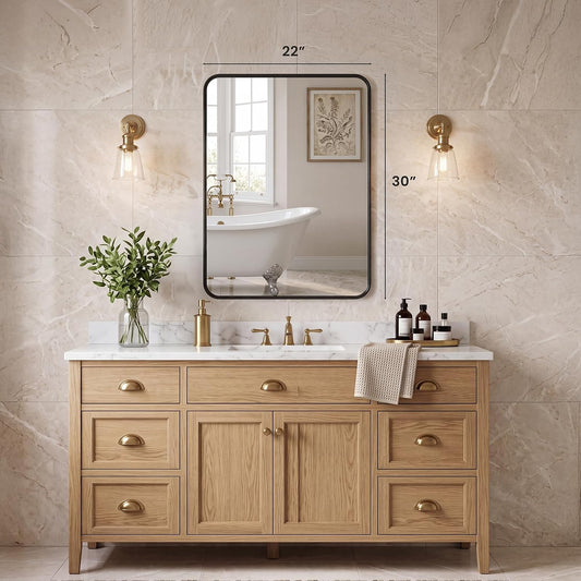 Bathroom Mirror for Wall, 30x22 Inch Rectangle Mirror, Matte Black Metal Framed Bathroom Vanity Mirror for Restroom Farmhouse, Anti-Rust, Tempered Glass, Horizontally or Vertically Hanging