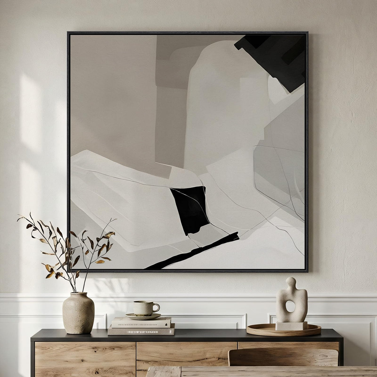 Framed Neutral Organic Abstract Canvas Wall Art for Dining Room, 30x30 Inch
