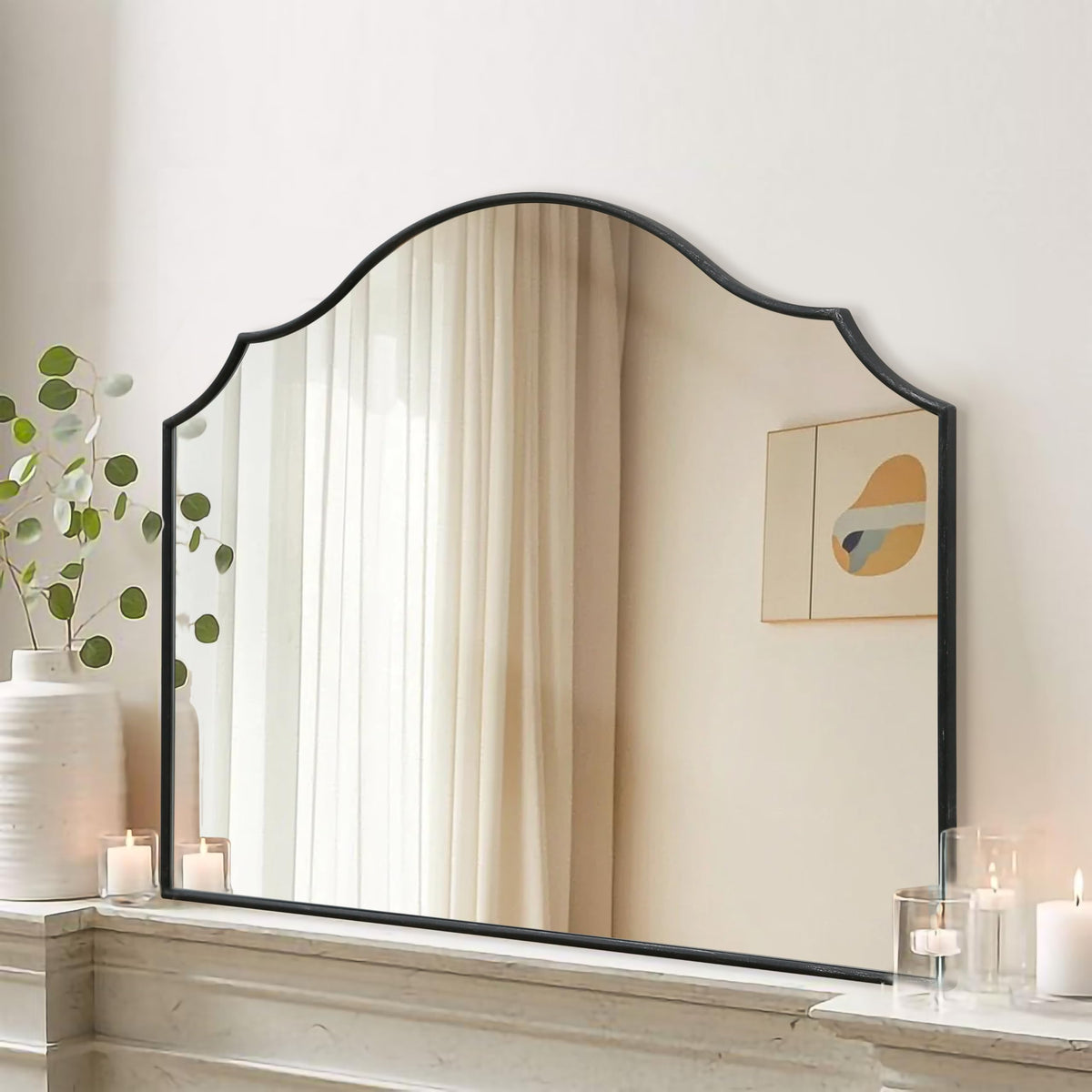 Besdomus Black Scalloped Wall Mirror: 40"x29" Large Wooden Bathroom Mirror