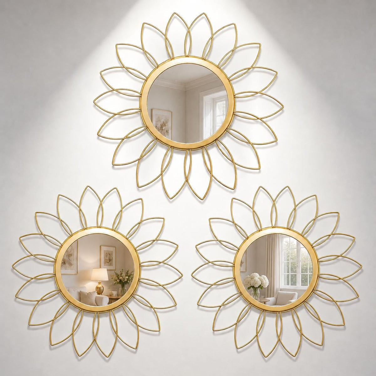 Boho Sunburst Wall Mirror Set of 3, 12 Inch Round Antique & Modern Metal Wall Art, Hanging Over The Door Mirrors for Wall Decor in Living Room, Bedroom, Bathroom, Entryway（Gold）