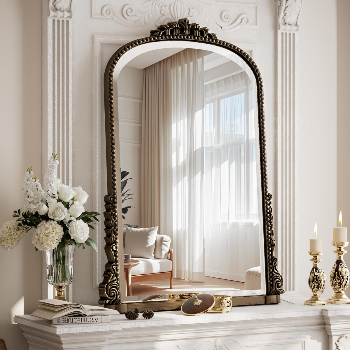 24"×32" Gold Arched Wall Mirror with Vintage Carving