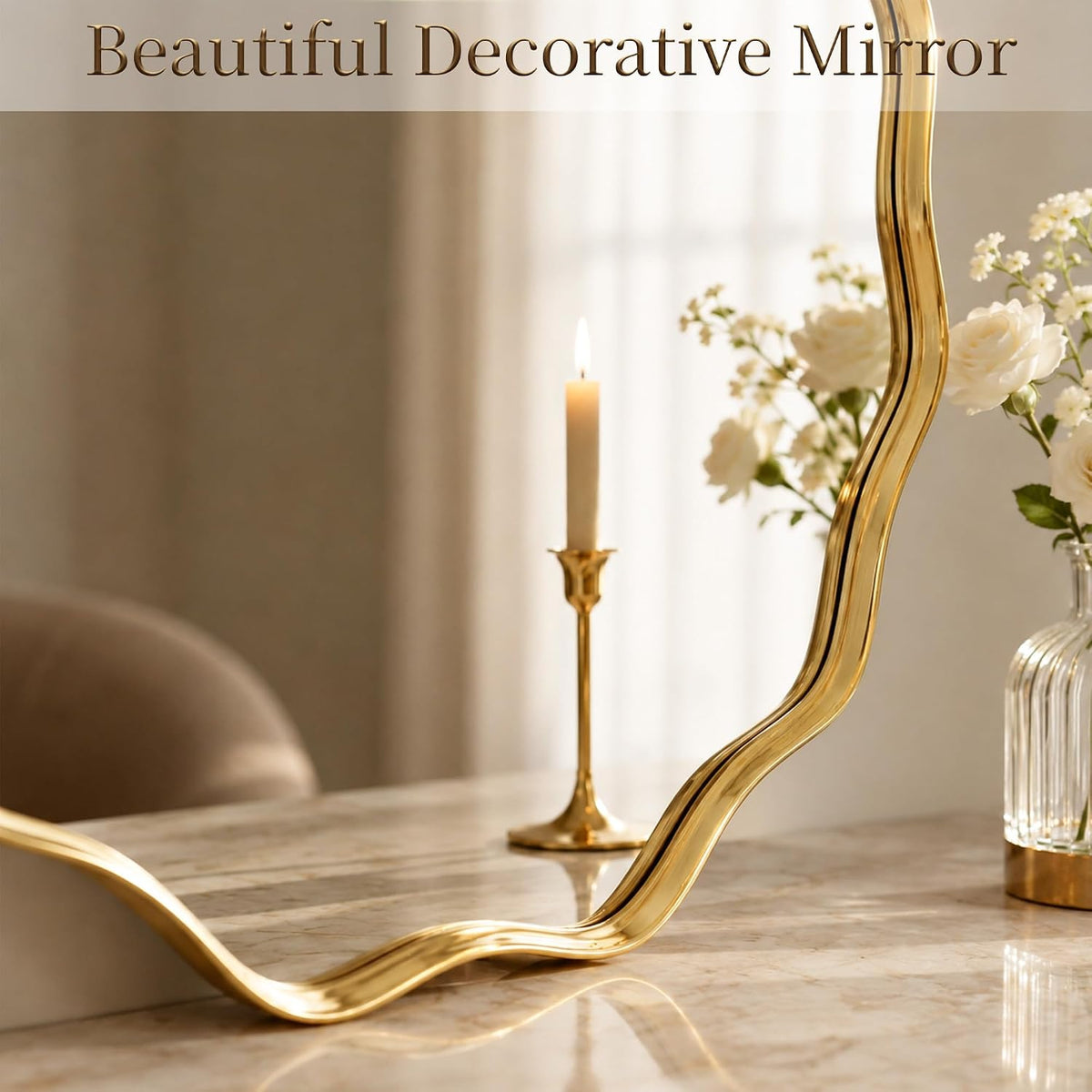 VooBang Gold Scalloped Circle Mirror, 24" Wavy Edge Round Wall Mirror