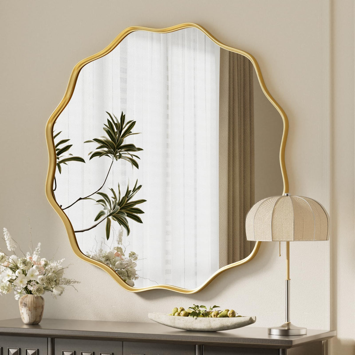 VooBang Gold Scalloped Circle Mirror, 24" Wavy Edge Round Wall Mirror